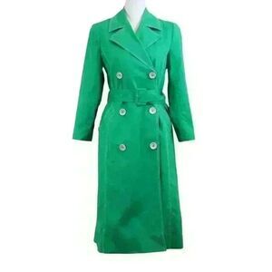 LK Bennett Bright Green Double Breasted Trench Coat Lined w/Navy Dots Size 4